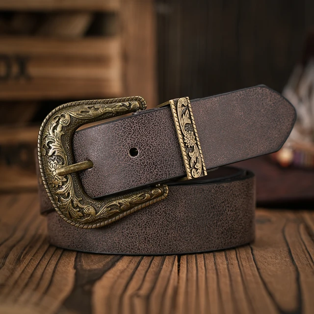 Hommes - Femmes - Western Denim - cuir pu - Ceinture - Jeans vintage avec ceinture à boucle sculptée florale 1