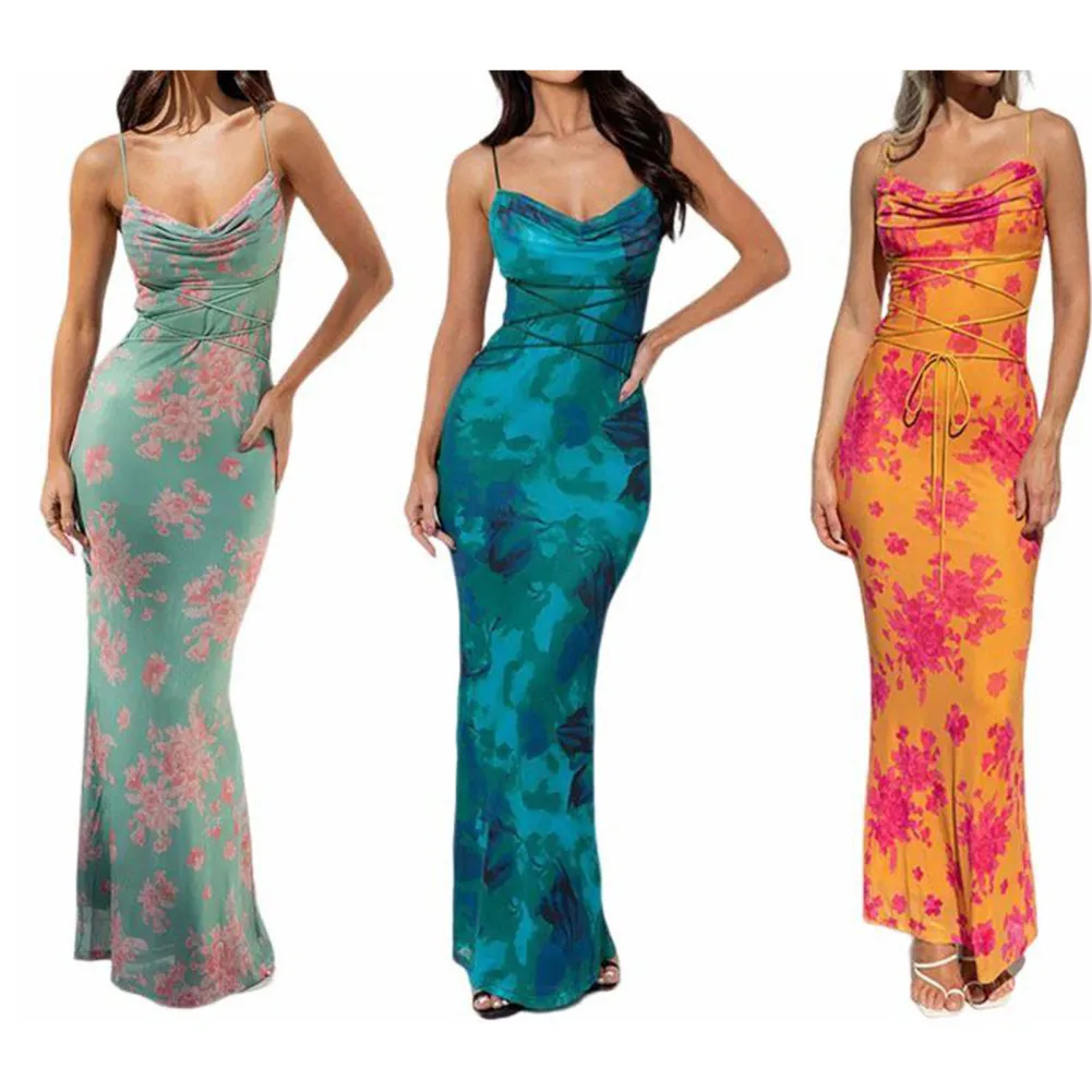 

Women's Sleeveless Dresses Summer Spaghetti Strap Floral Maxi Dresses Trendy Slim Fit Low Cut Tie Up Skirts