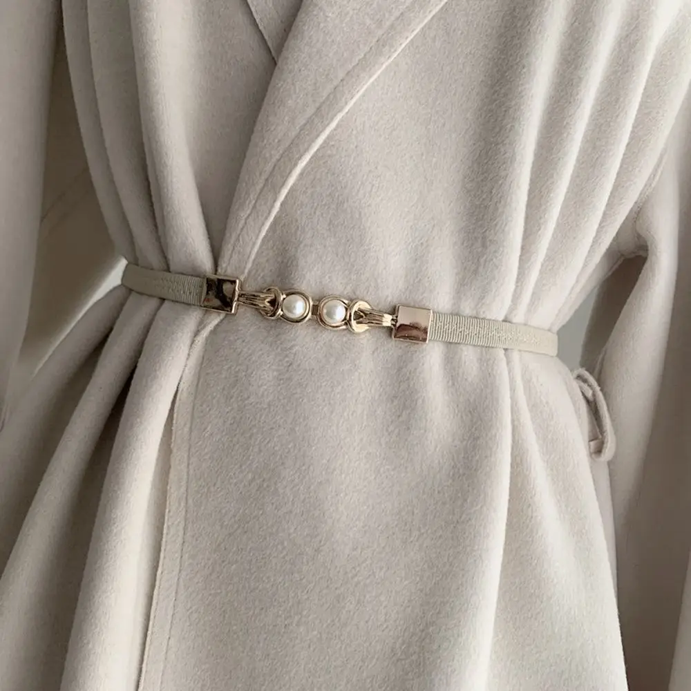 

Elegant Vintage Double Pearl For Women Knot Metal Buckle Female Waist Strap Leather Belt Dress Decoration Thin Waistband