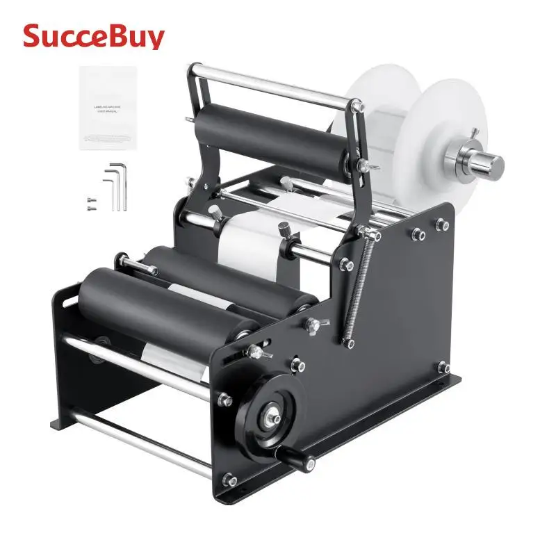 SucceBuy Manual Round Bottle Labeling Machine 15-20pcs/min Adjustable Labeler Bottles Diameter 0.78-4.72 in (with Pressing Bar)