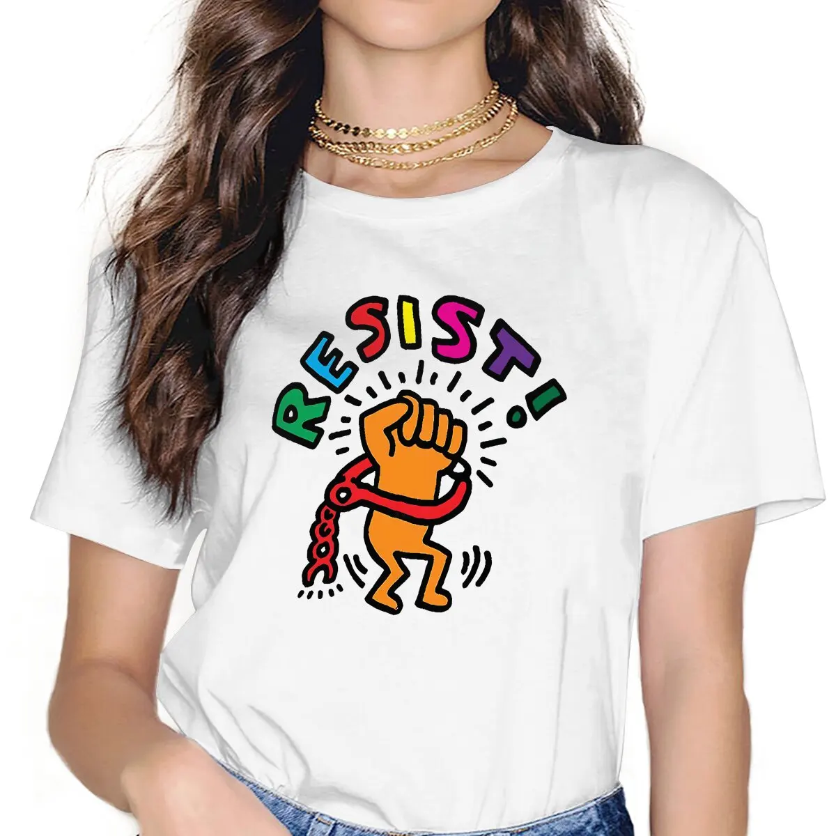 

Haring Geometric Graffiti Let's Resist T Shirt Harajuku Punk Women's Polyester Tshirt O-Neck
