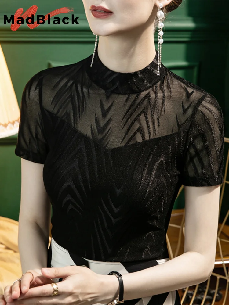 

MadBlack Summer European Clothes Tshirts Female Sexy Half Turtlenecks Patchwork Stripe Slim Lace Tops Short Sleeve Tees T35830M