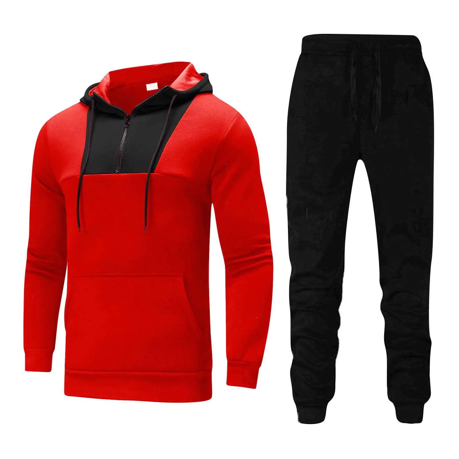 2023 Autumn/Winter New Men's Neckline Zipper Color Block Pullover Hooded Sports Men's Sports Set Sweater