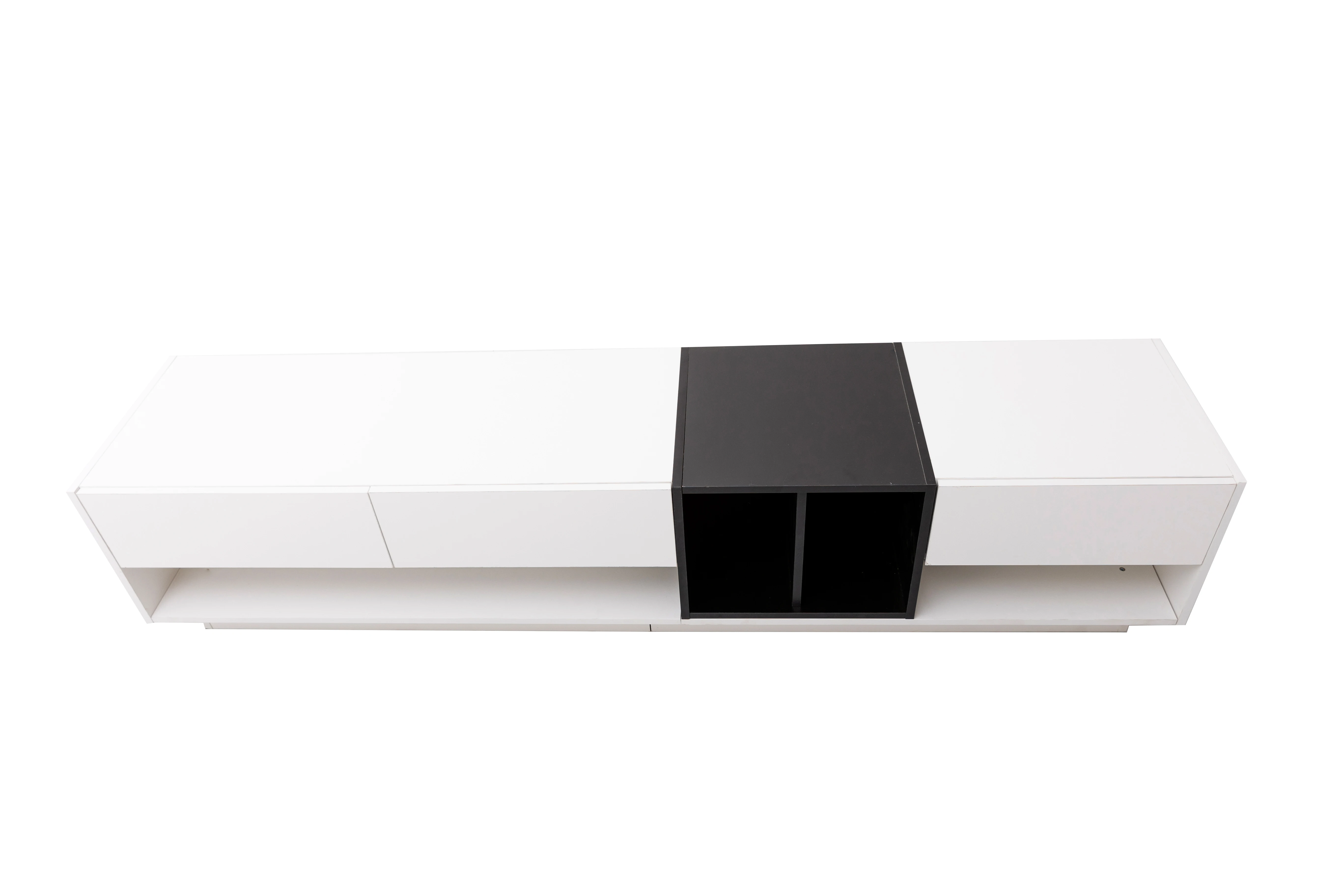 TV-Schrank/Lowboard, Kombination aus Hochglanzweiß und Schwarz. Farbblockierendes Design, Schubladen, Fächer, mehrfacher Stauraum – Detail 13