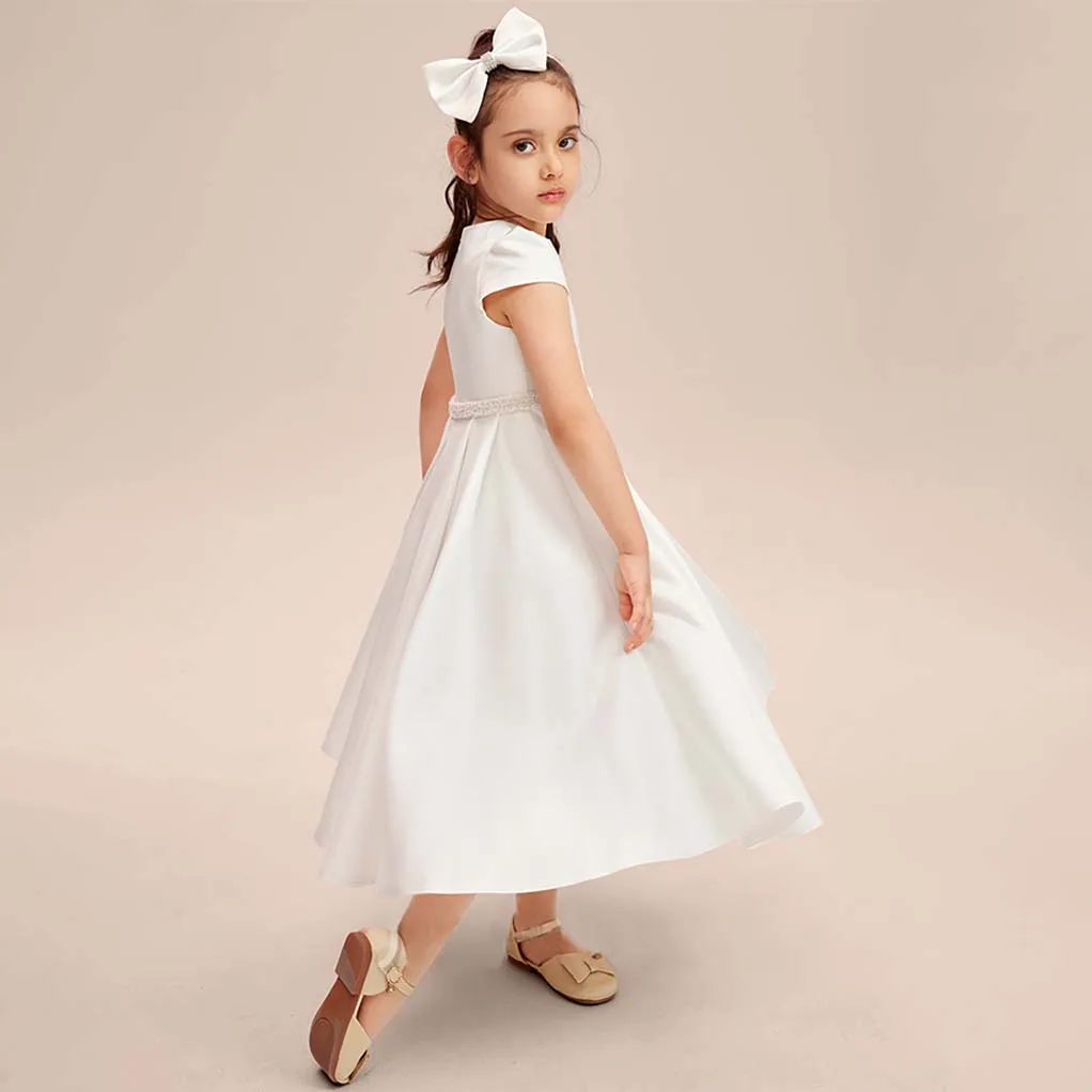 A-line Scoop Floor-Length Satin Pageant Party Flower Girl Dress for Kids Wedding Bridesmaid Birthday Party Formal Princess Gown