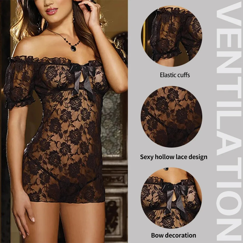 Sexy Lace Sexy Lingerie Lace Print Embroidery Perspective One Shoulder Dress Black Thong Hot Women's Dress