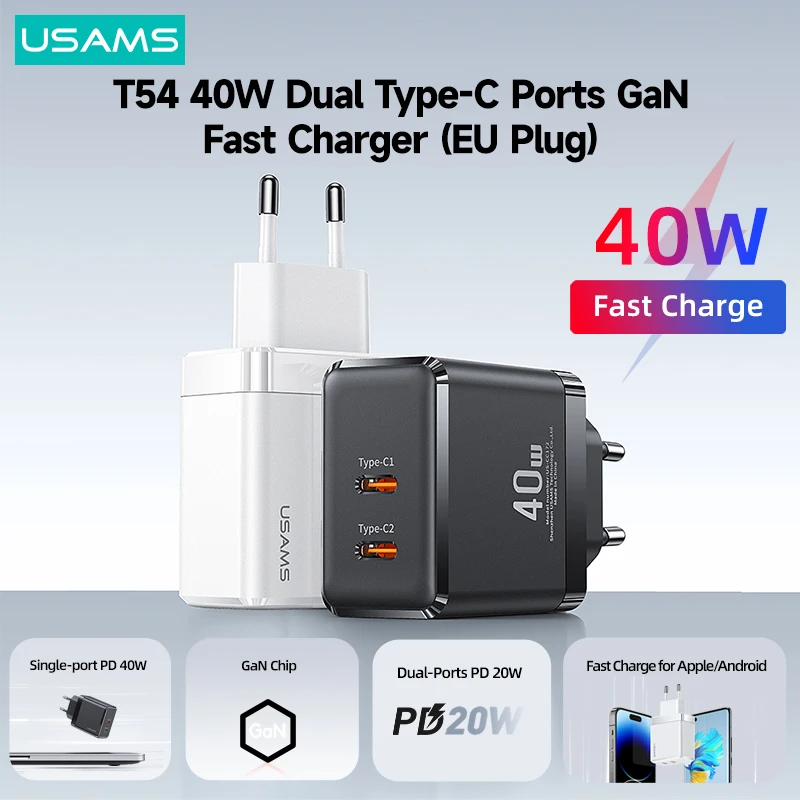 Usams T54 40w Dual Typec Ports Gan Fast Charger Eu Plug Portable Quick