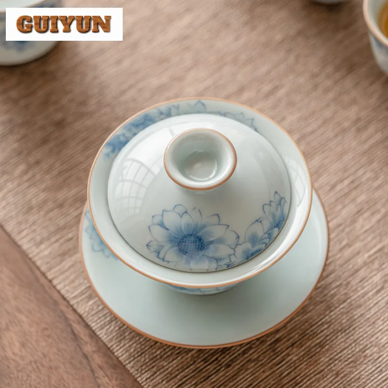 170ml Blue And White Sunny Flower Gaiwan Japanese Non Scalding Three Talented Tea Tureen Tea Making Cover Bowl Cafes Collection