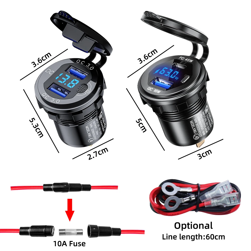 Aluminum 63W USB Charger Socket Fast Charge 12V/24V USB C Car Charger Socket PD and QC3.0 Dual Ports for Car Boat Motorcycle car charger car phone charger