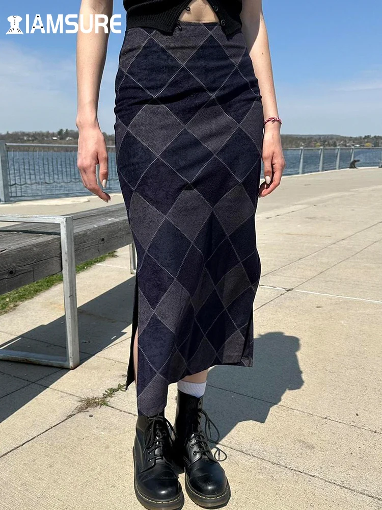 

IAMSURE Vintage Plaid Split Straight Skirts Sexy Slim High Waisted Maxi Skirts Women 2023 Autumn Winter Fashion Streetwear Lady
