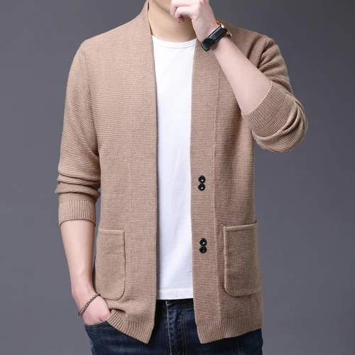 thumbnail image 1 of Suéter de punto de lana para hombre de otoño, chaqueta de suéter de lana para hombre, abrigo de suéter con botones de color sólido, 1 of 5