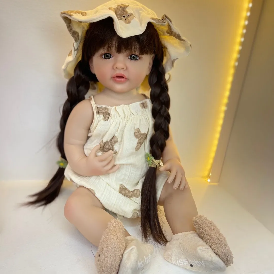 BZDOLL Realistic Lifelike Full Silicone Body Reborn Baby Girl Doll 55 CM 22inch Toy Princess Toddler Bebe with Brown Long Hair 2