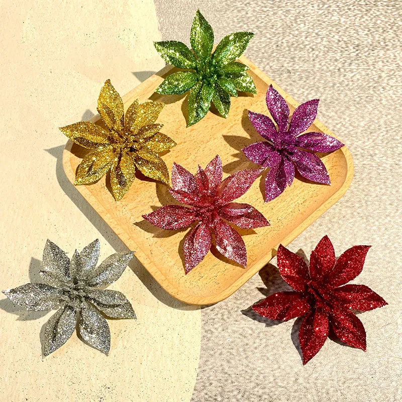 5PcsArtificialChristmasFlowerwithGlitterPowderPoinsettiaFlower