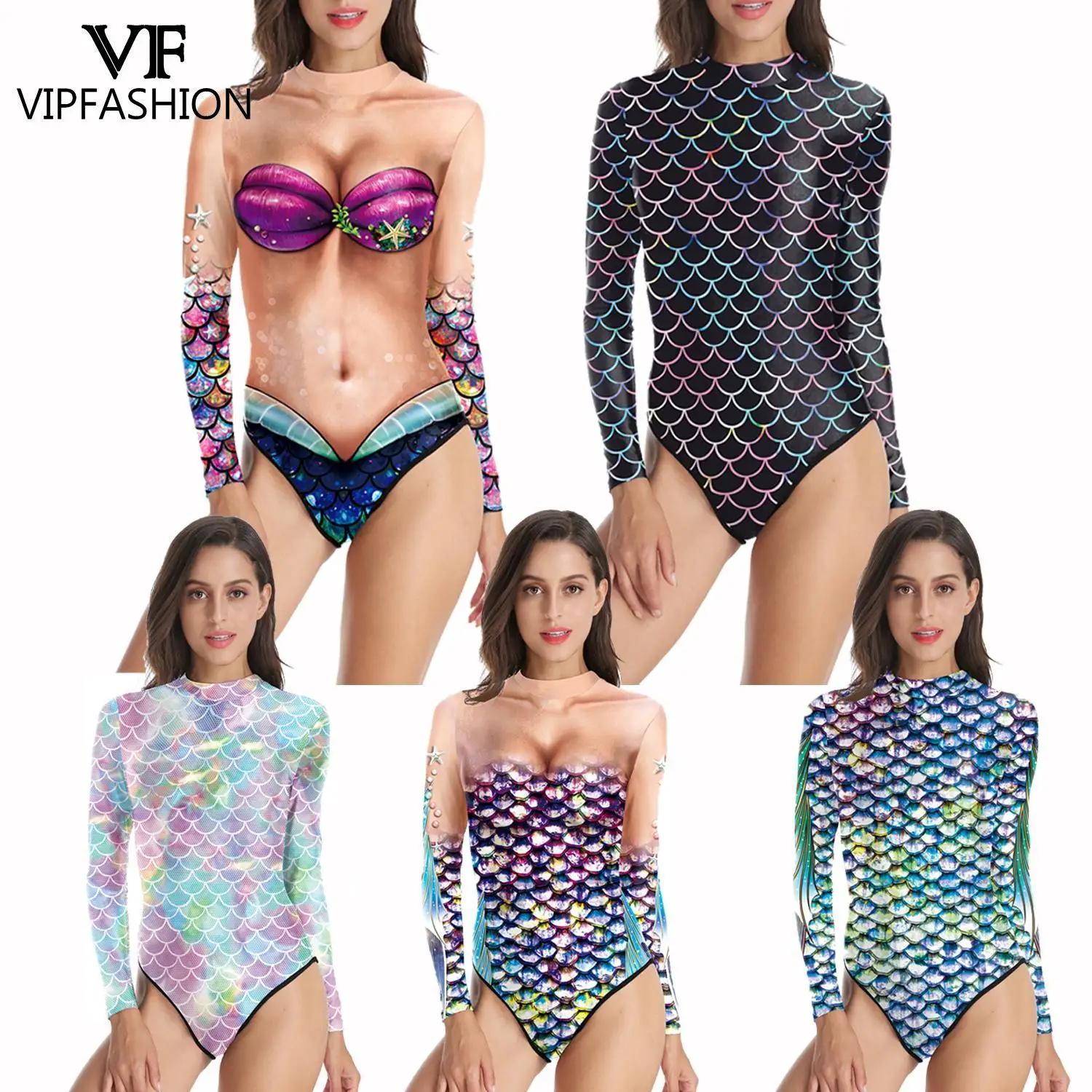 VIP FASHION Mermaid Printed Swimsuit Women Swimwear Summer Fish Scale Pattern Bodysuit Female Holiday Party Sexy Cosplay Costume