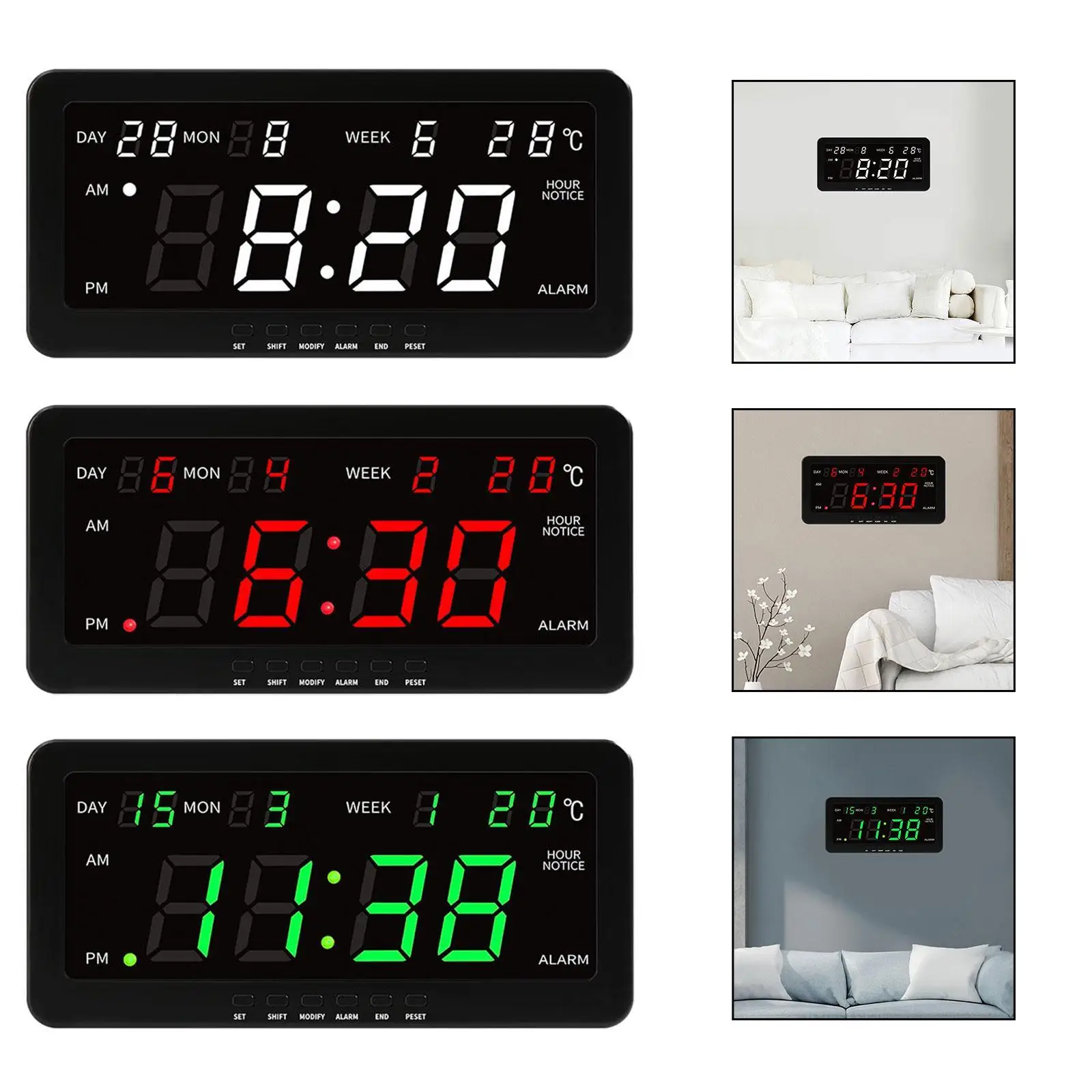 Digital Wall Clock Large Screen LED Display Temperature Date Week Alarm Modern Silent Hanging Clock for Living Room Bedroom