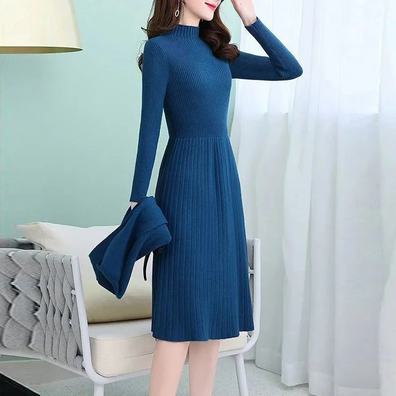 Autumn Winter Elegant Bow Knitted Sweater Vest Basic Dress Women's Fashion Slim Solid Long Sleeve Two Piece Sets Ladies Dresses