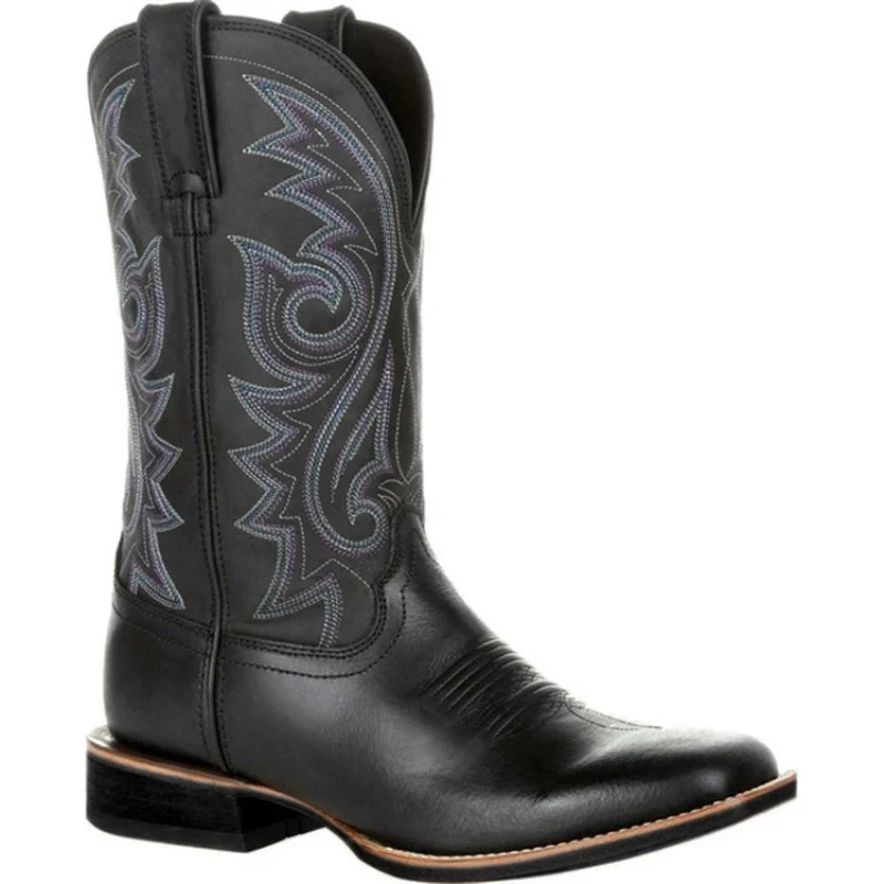 Cowboy Boots Black Brown Faux Leather Winter Shoes Retro Men Women Boots Embroidered Western Unisex Footwear Big Size 48 botas