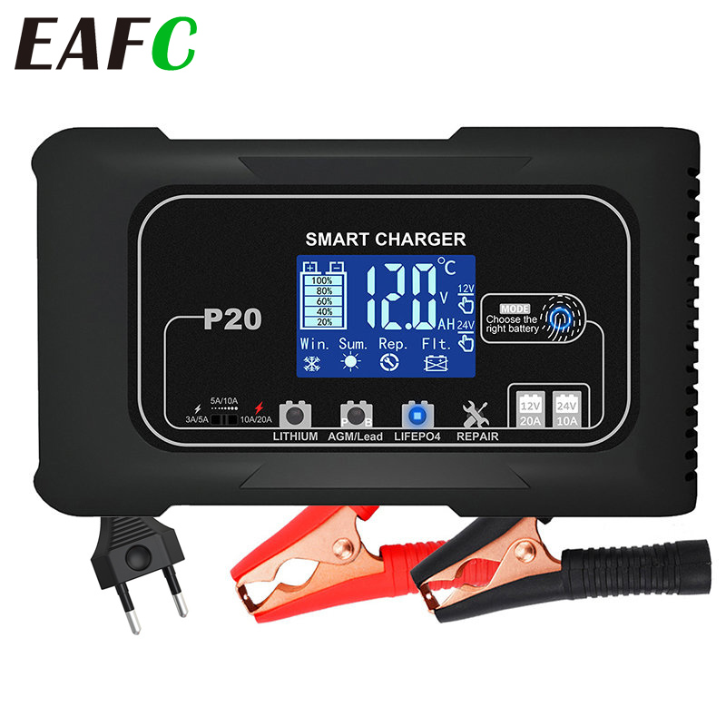 EAFC 10A/15A/20A Car Battery Charger 12V 24V Smart Charger for Lead-Acid PB AGM LiFePO4 Batteri Automatic Motorcycle Charger