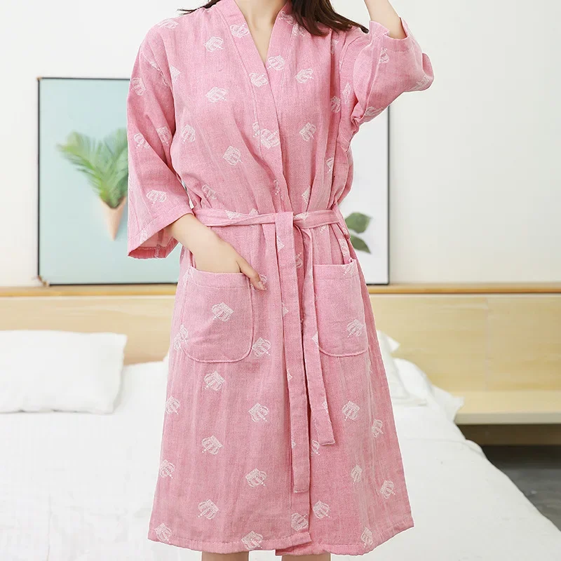 Spring and Summer Thin Half Sleeve Women's Sleepwear Cotton Bathrobe Yukata Clothes Water Absorbing and Breathable Home Robes