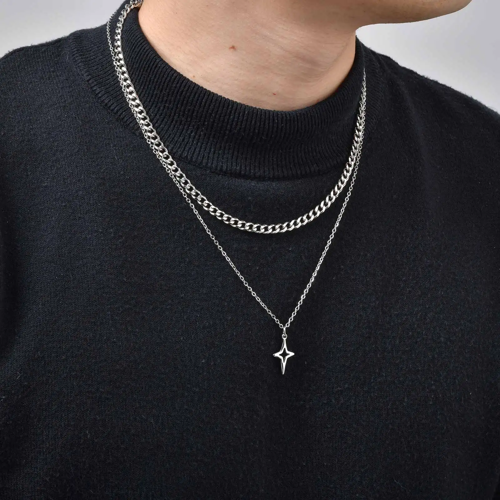 Vnox 2-teiliges Set Gliederketten-Choker mit Vierpunkt-Sternanhänger O-Ketten-Halsketten-Set für Herren, Edelstahl Silberfarben Schmuck Geschenk