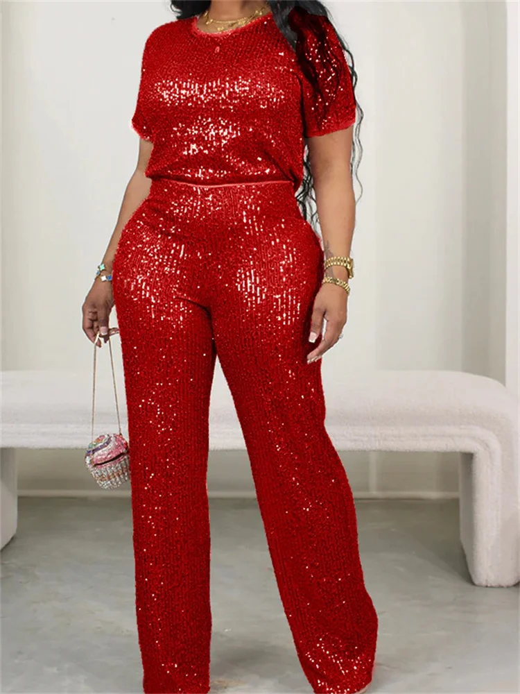 Wmstar Women Two Piece Set Spring Female Casual Shinny Sequin Round Neck Fashion Solid Short Sleeved Tshirt Wide Leg Pants Suit