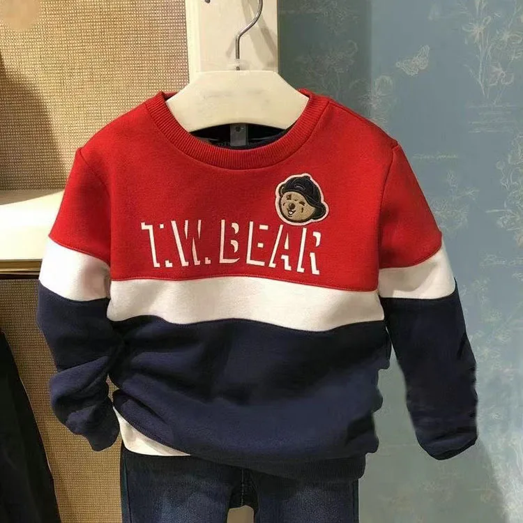 

Winter Fleece Flocking Hoodies For Boy Kids Clothes Striped Patchwork Bear Embroidery Casual Sweatshirt Family Matching Outfits