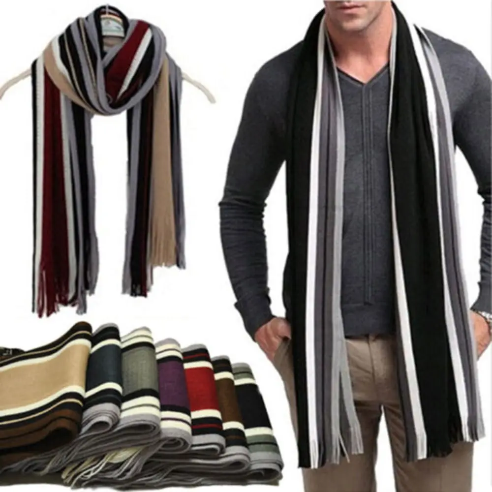 Casual Cashmere Men Striped Scarf Neck Warm Tassel Stole Winter Long Shawl Soft Thick Neck Wrap 3