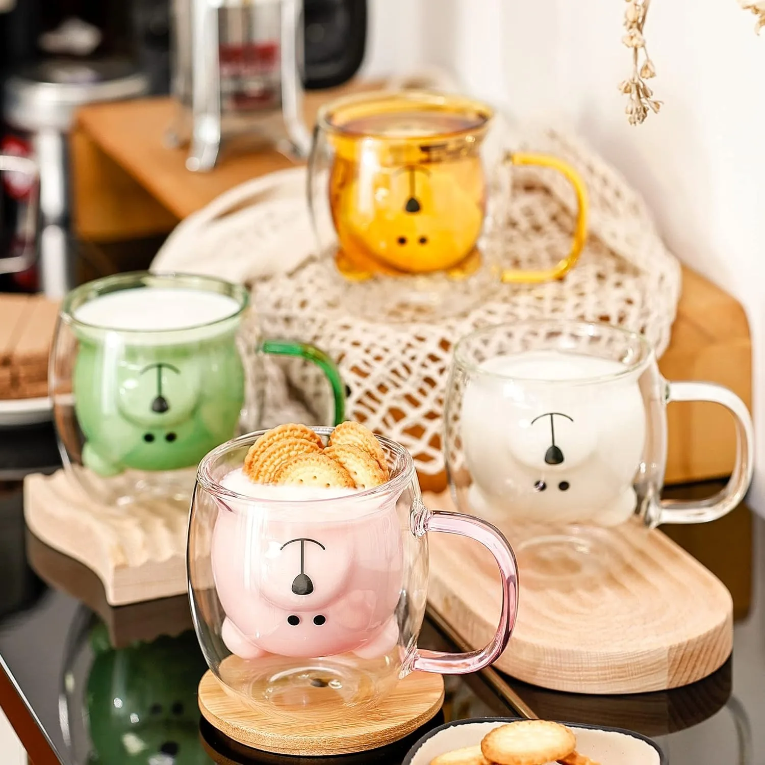 

8.5oz Cute Bear Mugs Tea Coffee Cup with Handle Milk Cup Double Wall Insulated Glass Espresso Cups Glass Gift