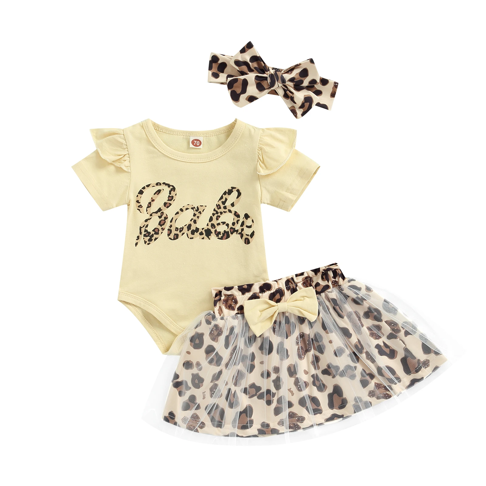 FOCUSNORM 3pcs Baby Girls Sweet Clothes Sets 0-18M Leopard Babe Letter Printed Fly Sleeve Romper+Lace Mesh Bow Skirts stylish baby clothing set Baby Clothing Set