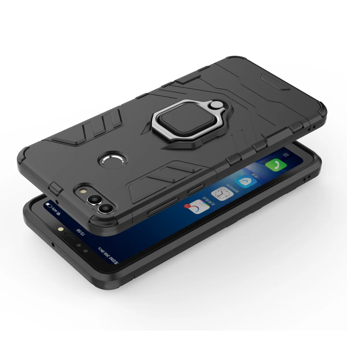 Rugged Armor Shockproof Case with Metal Ring Stand and Bumper Protection