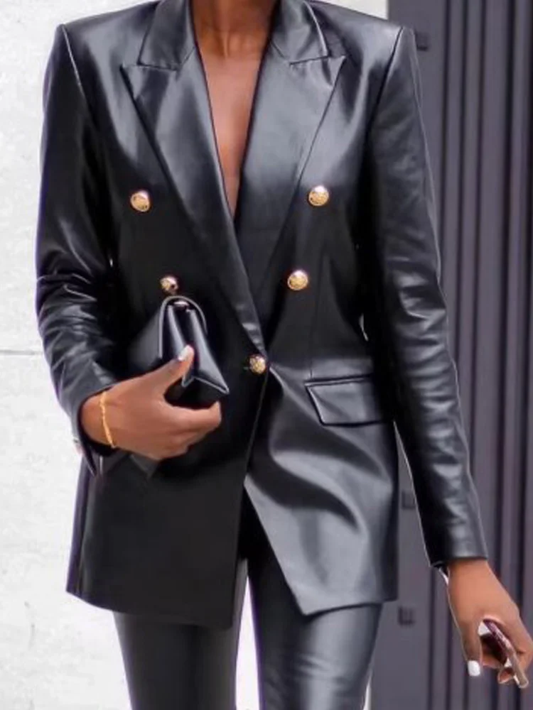 

2023 Women Autumn PU Blazers Coats Suit Casual Solid Double Breasted Female Elegant Street Slim Blazer Outerwear Clothing