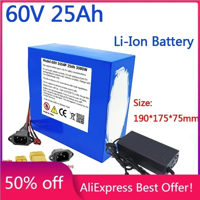 

60V 25AH Electric Bike 21700 Battery for Scooter Motorcycle 67.2V 16S4P 3000W rechargeable battery with same port BMS+charger