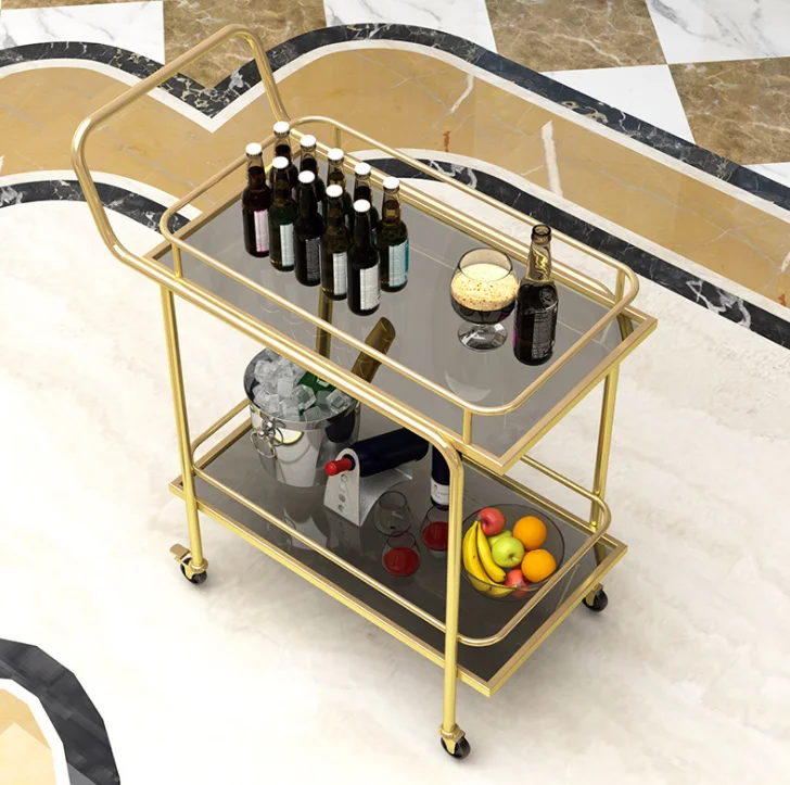 Hotel Gold Iron Portable Utility Movable 2 Tier Trolley Rolling Cart Bar Cart Rack Storage