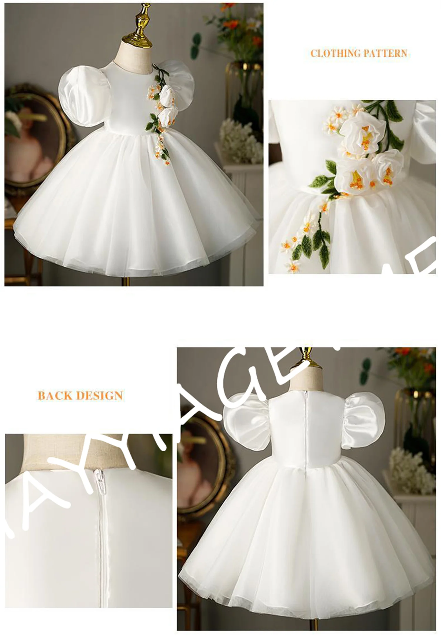 

White Luxury Pageant Gown Puffy Kids Clothing Party Prom Dress Flower Girl Dress Embroidered Flowers Knee Length Show Ball Gown