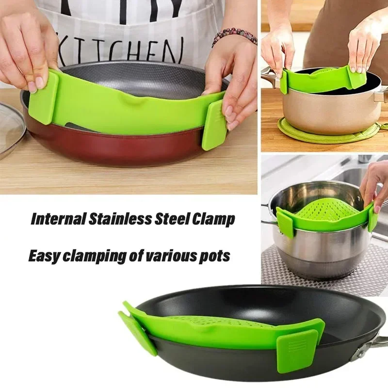 Universal Silicone Pot Edge Drainer Kitchen Clip-on Pan Pot Anti-spill Strainer Fruit Vegetable Washing Filter Noodles Colander