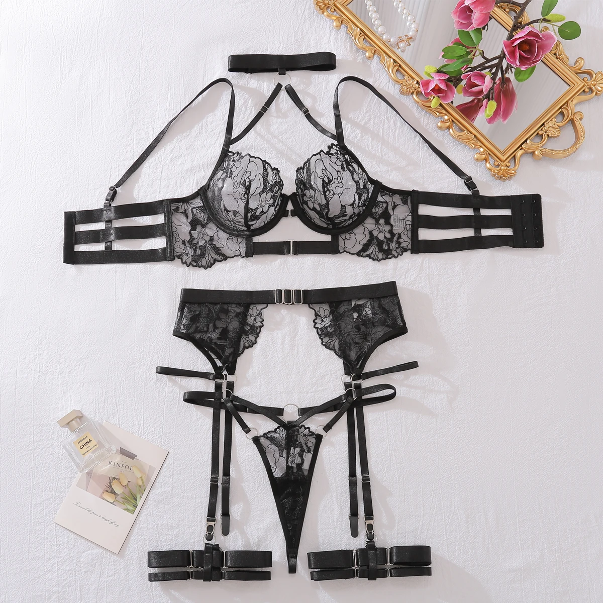 Womens Underwear Brazilian Sexy Embroidered Bra and Underwear Set Summer Luxury Underwear 4-piece Set Sexy Comfortable Underwear