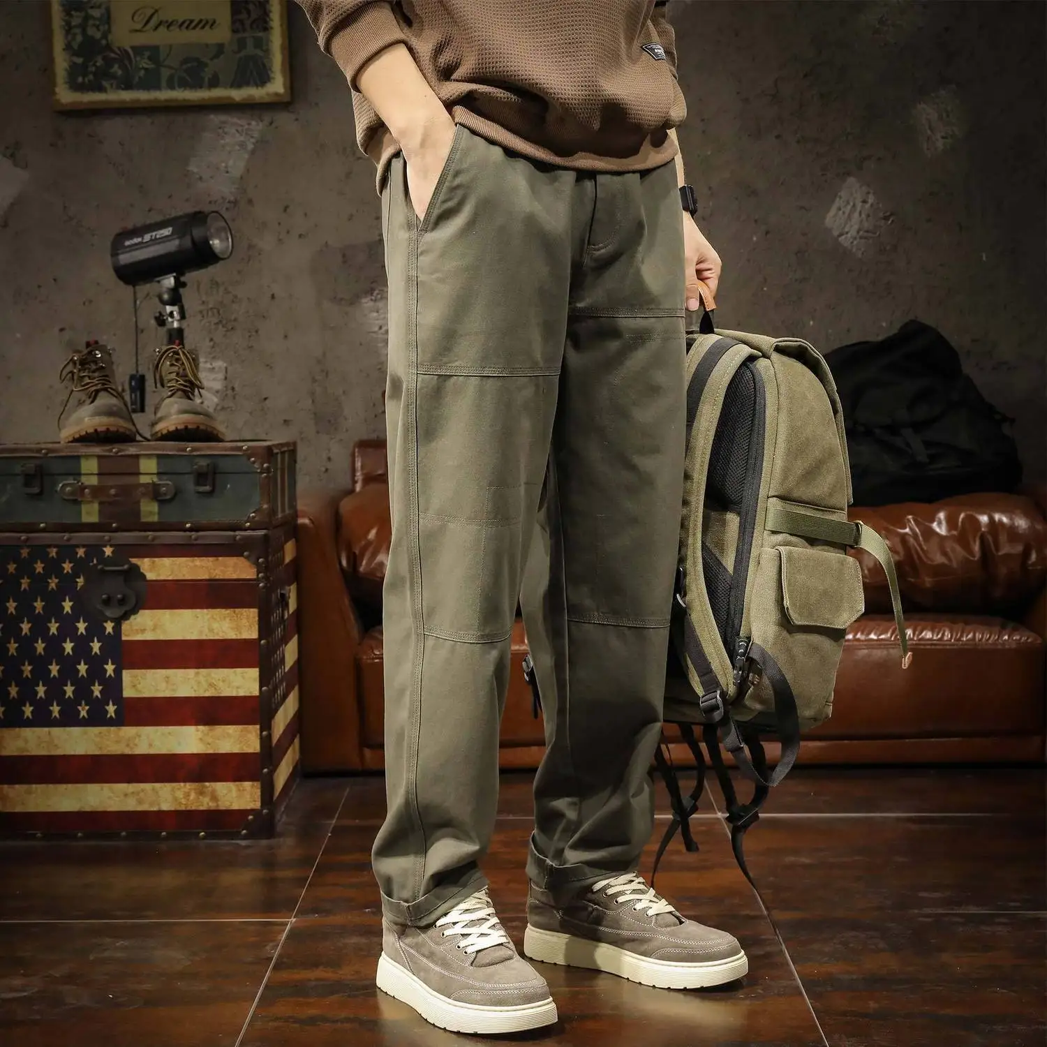 American Style Trend New Spring Casual Pants Men's Solid Pockets Badge Fashion Minimalist Safari Style Loose Wlde-waisted Pants