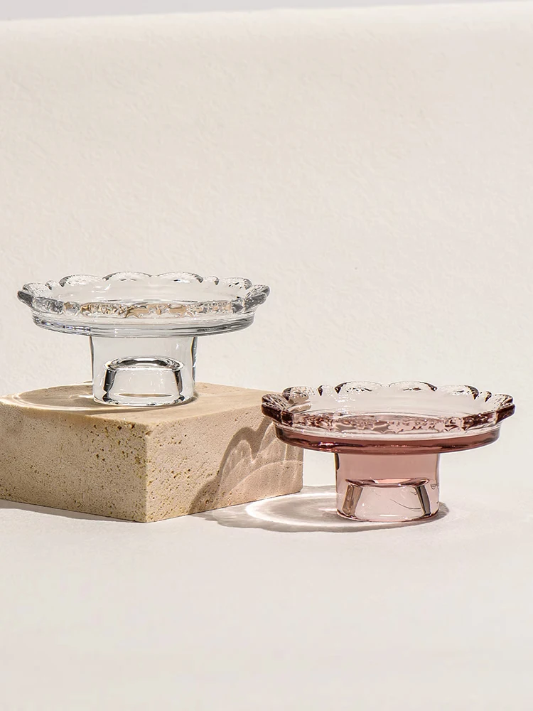 Vintage Transparent Glass Dessert Plate, Jewelry Display Storage Trays, Lace Candle Holder, Home Decoration, Photography Prop