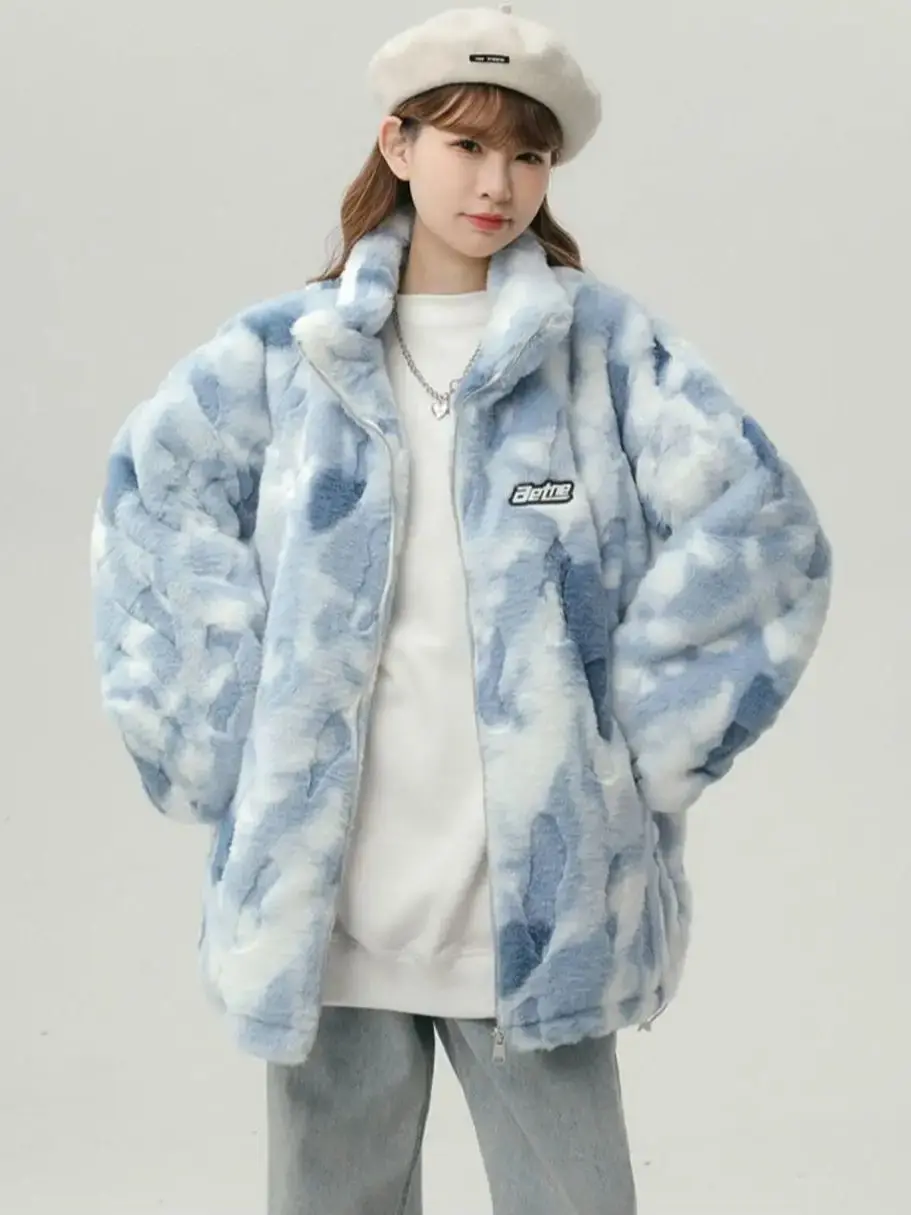 Korean Fashion Stand Collar Tie-dye Warm Imitation Fur Women Coats 2023 Autumn Winter Loose Thick Preppy Style Oversized Jackets