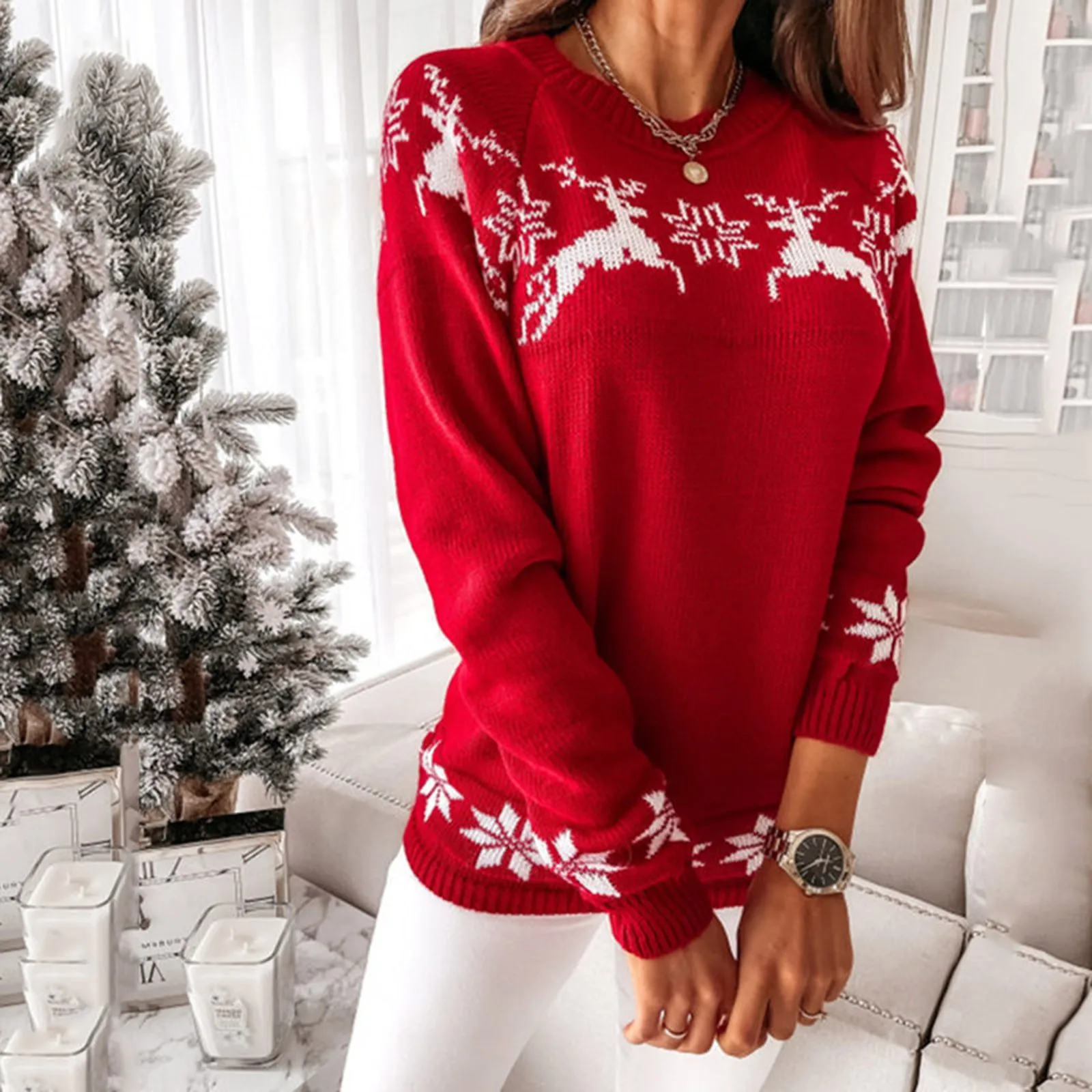 

Christmas Women's Sweater Autumn Winter Tops O Neck Elk Snowflake Xmas Pullover Sweater Knit Tops Blouse Women Jumper Sweater