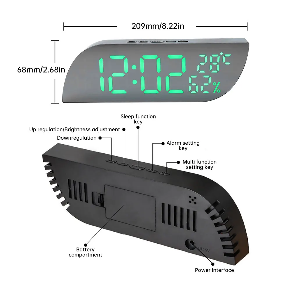Digital Alarm Clock Temperature Humidity Date Mirror Clock Unlimited Snooze Table Clock 12/24H Night Mode Clock USB AAA Powered 6
