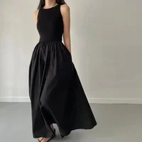 New Summer Simple Elegant Fashion Style Dress Black Female Long Dresses For Women Round Neck Sleeveless High Waist Temperament