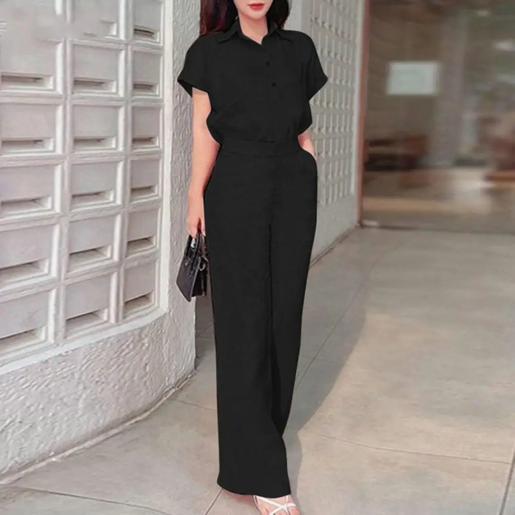 2 Pieces/set Women's Pants Shirt Suit Lapel Short Sleeve Single Breasted Wide Leg Loose Pockets High Waist Women's Suit