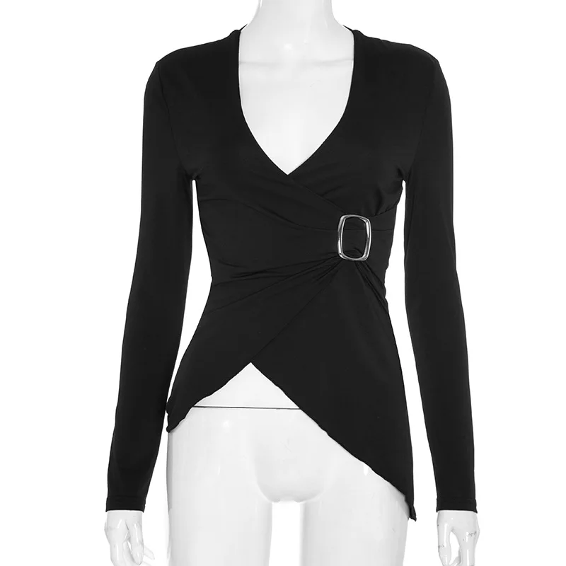 Fall New Arrival Women Solid Color Deep V-Neck Sexy Asymmetric Long Sleeve T-Shirt Elegant Casual Minimalist Top Female