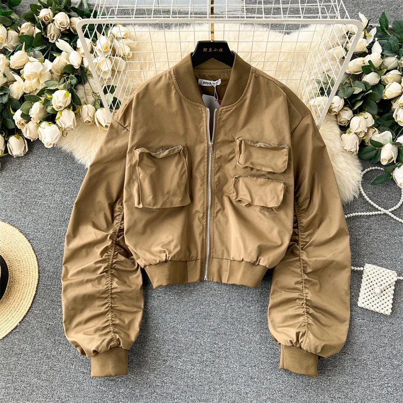 

Korean Casual Women Short Baseball Jacket Khaki Black White Loose Multiple Pocket Stand Collar Long-sleeve Female Bomber Jacket