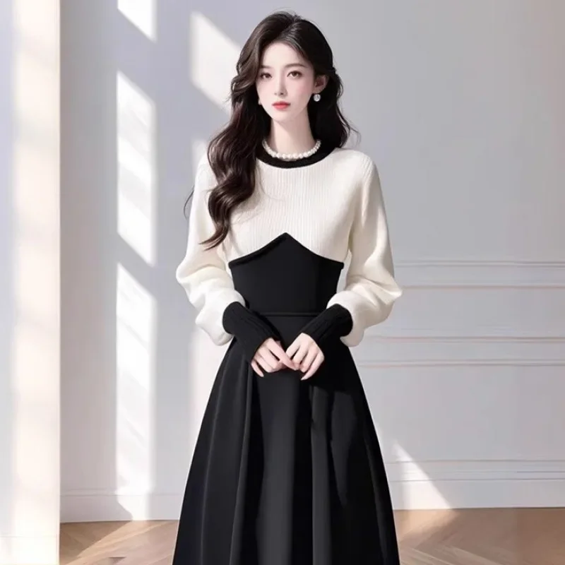 فستان أنيق أسود على الطراز الفرنسي بأكمام طويلة، تنورة ميدي عصرية للتخسيس للنساء، رقبة دائرية وأكمام طويلة، طول الركبة