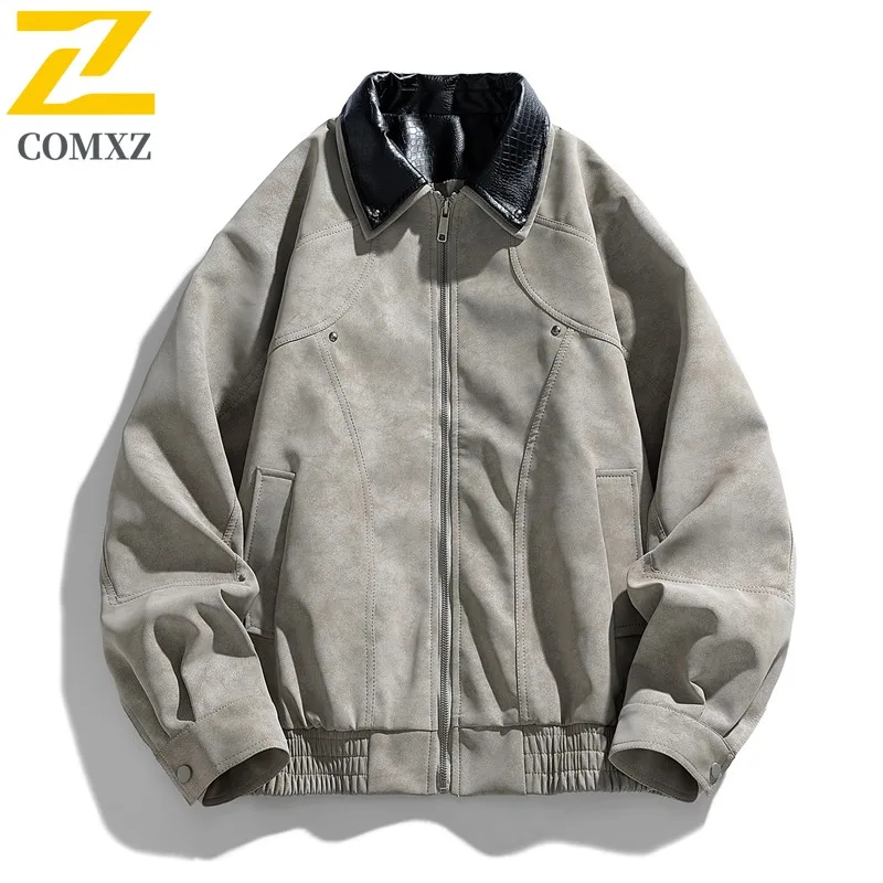 Men Vintage Baseball Jacket Biker Style PU Leather Coat Washed Effect Notch Lapel Loose Fit Water-Resistant Windproof Streetwear