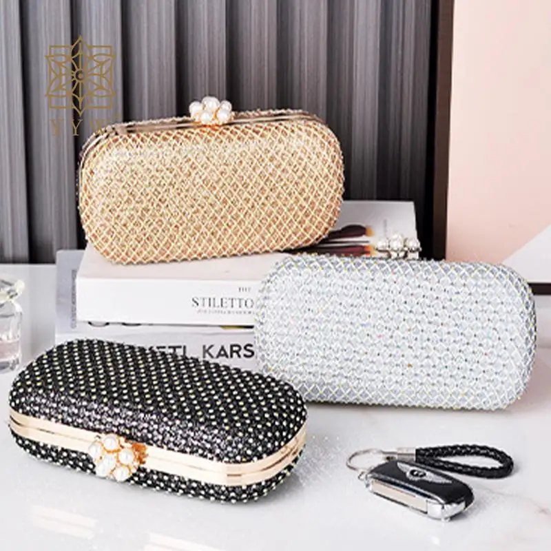 

Women Pearl Clutch Handbag Metal Chain Shoulder Lady Evening Party Messenger Purse Luxury Sparkling Rhinestone Banquet Hard Bag