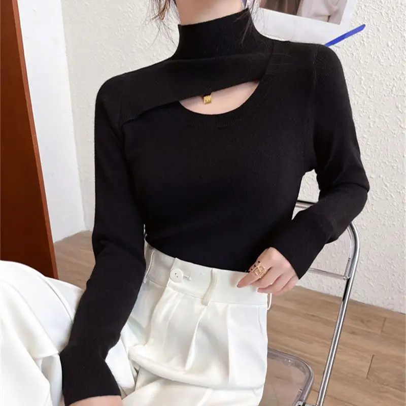 

Solid Autumn Women 2023 New Fashion Elegant Stand Collar Knitted Sweater Jumpers Female Hollow Out Pullovers Chic Tops T189