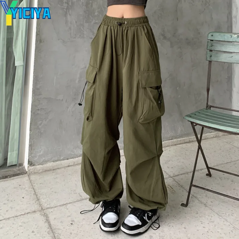 

Брюки YICIYA y2k в стиле парашютный, зеленые прямые женские длинные мешковатые брюки, уличная мода унисекс, Новая повседневная одежда 90-х